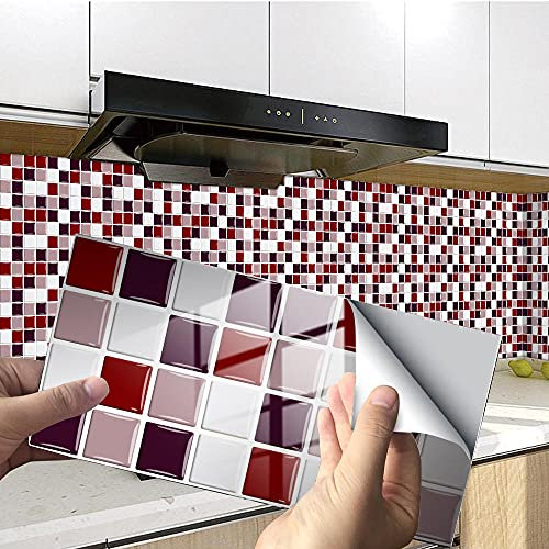 Kitchen Tile Stickers 10cm x 20cm Wine Red White Tile Stickers for Bathroom Stick on Wall Tiles Backsplash for Kitchen Stick on Tiles Self-Adhesive Vinyl Home Decoration （12 Pieces）