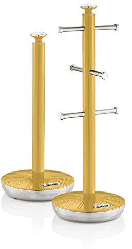 Swan SWKA1054YELN Retro Kitchen Towel Pole and 6 Branch Mug Tree, Yellow