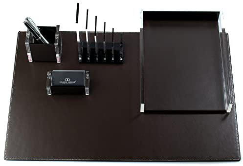 DELMON VARONE - Schreibtischset 5-teilig XXL aus Acryl & Leder Braun - Büro-Set mit Schreibunterlage, Briefablagekasten, Stifteköcher, Visitenkartenhalter & Briefständer - Schreibtisch Organizer Set