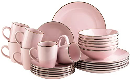 Modernes Geschirr Set für 6 Personen mit messingfarbenem Rand, 24-teiliges Kombiservice mit randlosen Coupe-Formen, Rosa