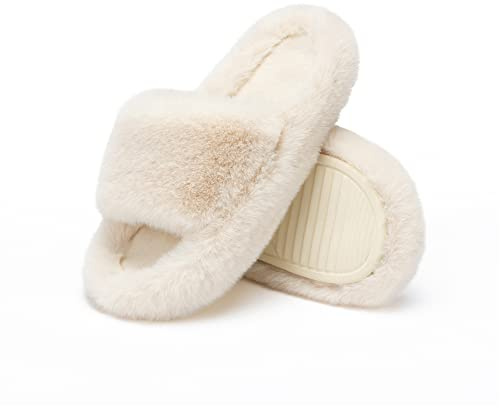 Chantomoo Women's Slippers Memory Foam House Bedroom Slippers for Women Fuzzy Plush Comfy Faux Fur Lined Slide Shoes Anti-Skid Sole Trendy Gift Slippers Beige Size 9 10 8.5