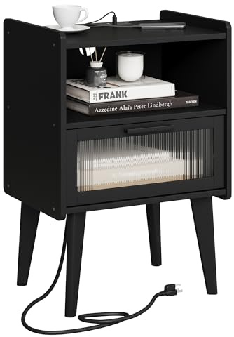 MMEOLUOOK Nightstand with Charging Station, Bedside Tables, End Table Side Table with 2 Tiers Storage Space, for Bedroom, Living Room, Black CAMLBZ07BE