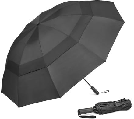 G4Free 117,8 cm großer faltbarer Regenschirm, 10 Rippen, stabiler Reise-Regenschirm für automatisches Öffnen, winddicht, wasserdicht, Regen-Doppeldach (schwarz)