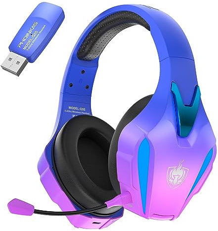 PHOINIKAS Auriculares Gaming Inalámbricos, Cascos Gaming para PS4/PS5/PC, Cascos Inalambricos con Micrófono Cancelación de Ruido Desmontable, 7.1 Estéreo, Luz LED (Morado)