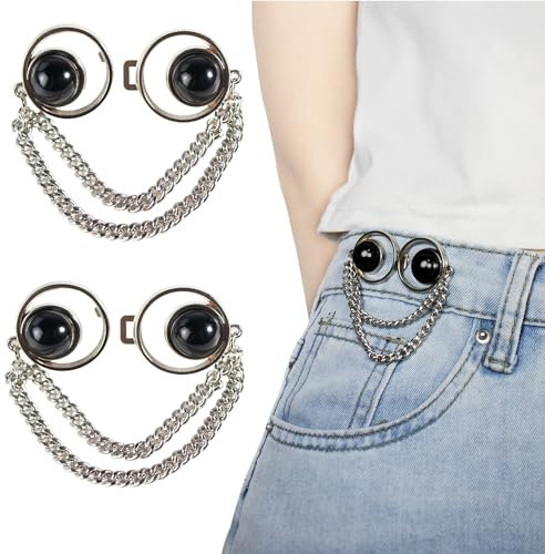 RichLuck 2 Paar Hose enger Machen Clip, Schwarze Perlen Jeans Knopfnadeln mit Kette Jeans Knopfnadeln, Verstellbare und Wiederverwendbare Hosenknöpfe zum Stecken, Jeans Knöpfe ohne Nähen