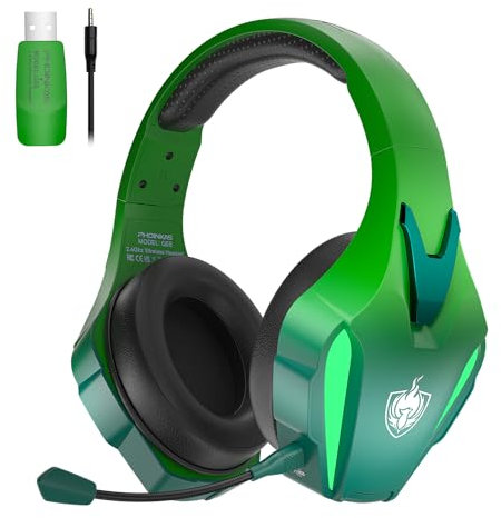 PHOINIKAS Cuffie Gaming Wireless, 2.4GHz Cuffie Wireless, Dongle USB per PS5/PC/Switch, Stereo 7.1, Microfono Staccabile con Cancellazione del Rumore, Luci a LED