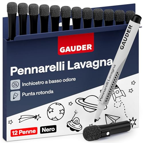 GAUDER Whiteboard Marker Set (12 pens – black) | Whiteboard pens | Dry and residue-free erasable | Dry erase markers with sponge, ideal for whiteboards and magnetic boards
