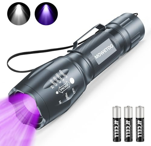 MOWETOO Lampe de poche, lampe UV 2 en 1, lampe à lumière noire, 395 nm, 4 modes, détecteur pour faux billets, urine de chiens et autres animaux domestiques, détecteur d'urine 3 piles AAA 40 W Gris