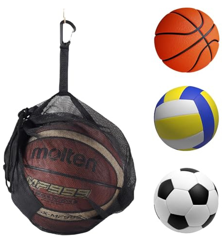 DILUSILK 1 Pcs Mesh Ball Bags, Drawstring Storage Single with Zipper Pocket Black Football Drawstring Storage Mesh Carry Net Bag with Buckle Clip