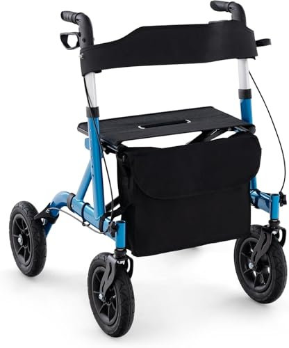 FANTASK Rollator mit Sitz für Senioren, Rollatoren Aluminium 6-fach höhenverstellbar, faltbar und leichtgewicht Laufhilfe mit Luftbereifung, 2 in 1 Rollstuhl & Reiserollator bis 136kg (Blau)