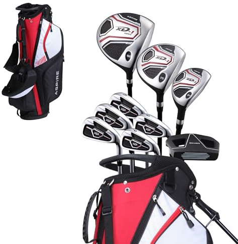 Aspire XD1 Men’s 14-Piece Golf Set – 460cc Titanium Driver, Wood, Hybrid, 6-PW Irons, Putter, Stand Bag, 3 Headcovers and Cover – Red, RH Regular