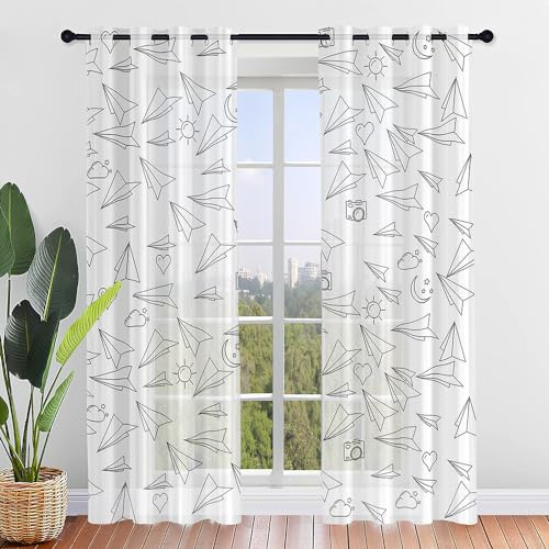 Mateju Translucidas Visillos Salon, Cortinas Salon Modernas 2 Piezas con Avión de Papel, Visillos Cortos para Ventanas para Cocina Dormitorio Comedor Habitacion (Blanco,55 x 95 cm)