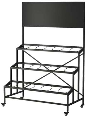 Soporte resistente para plantas de 3 niveles con ruedas, carrito de flores de hierro forjado para uso en interiores, expositor móvil de flores para sala de estar y floristas (negro)