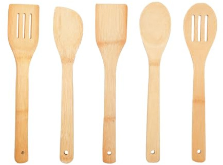 5 Pcs Wooden Kitchen Utensils Bamboo Spatula Turner Ladle Strainer Spoon | Wooden Cooking Set for Non-Stick Cookware Accessories Home Kitchen Non-Toxic Sustainable Durable Ergonomic Design 30cm 12In
