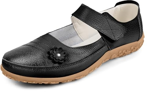 OFFCUP Womens Leather Mary Jane Shoes, Ladies Wide Fit Flat Shoes, Floral Grip Sole Hook & Loop Walking Casual Sandals Shoe, Work Office Nurse Shoe, Size UK 5 Black