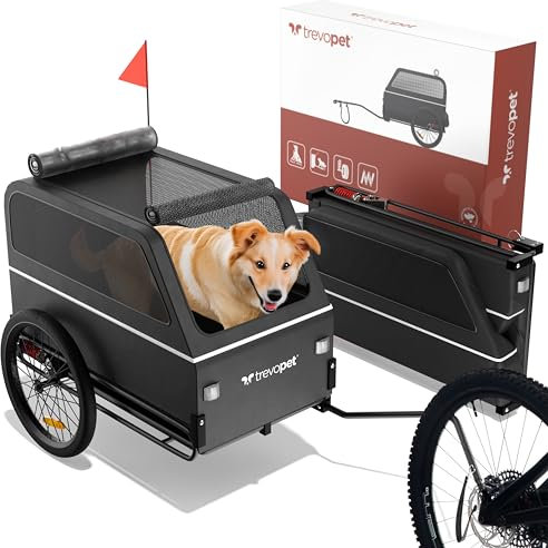 TrevoPet® Remorque Velo Chien XL – Chariot Pliable avec Rampe et Suspension – Carriole étanche Jusqu’à 45 kg – Compatible avec vélos électriques – Noir