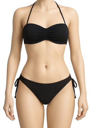 My Ribbon Laces Women's 2-in-1 Bandeau Bikini Set, Black, Convertible Halter Top with Detachable Straps, Tie-Side Bottoms (UK, Numeric, 12, Regular, Regular)