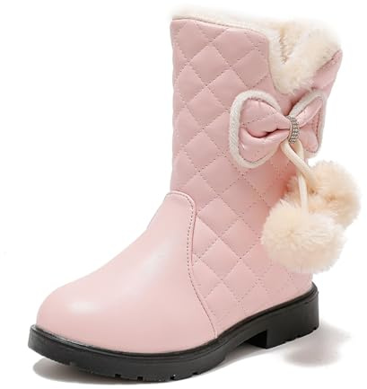 Bottes d'hiver pour filles UK mi-mollet doublure en polaire semelle épaisse antidérapante Bottes de neige pour enfants confortables décorées d'un simple nœud papillon chaussures chaudes, 35 EU