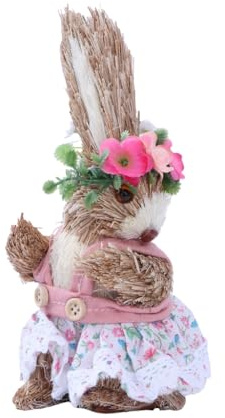 Kalttoy Adorno de conejo de paja de Pascua hecho a mano para muñeca con corona de flores delantal de