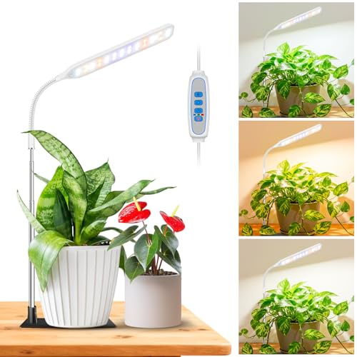 Wolezek Grow Light for Indoor Plants, 52 LEDs Full Spectrum Plant Grow Light with Base, Height Adjustable Grow Lamp with Auto Timer 6/12/16H, 5 Dimmable Brightness, for Small Plants, White, 1-Pack