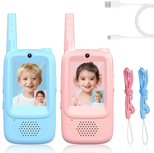 Walkie Talkies con Cámara para Niños, Pack de 2 - Intercomunicadores Video Recargables con Efectos de Voz - Juguete y Regalo para Niños y Niñas de 3, 4, 5, 6, 7, 8, 9 Años