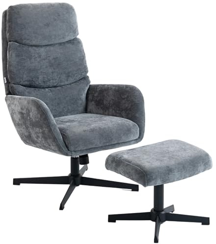 HOMCOM Relaxsessel mit Hocker, Sessel mit hoher Rückenlehne, Loungesessel mit Wippfunktion Leinenoptik Metallsockel, Polstersessel für Wohnzimmer, Schlafzimmer, Grau