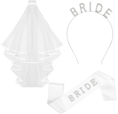 Brud pannband och skärp slöja set, strass pärla brudband och pannband, vit brudslöja huvudbonad för ungkarl/möhippa festdekorationer, brudar duschdekorationer, bröllopsgåvor