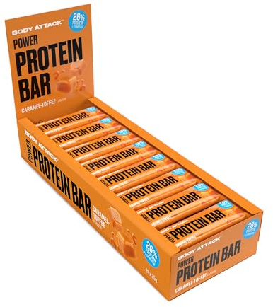 Body Attack Proteinriegel - Caramel Toffee, 24 x 35 g - Fitness Protein Riegel fettarm - Eiweißriegel mit wichtigen Vitaminen, L-Carnitin & 25% hochwertigem Milcheiweiß - Made in Germany