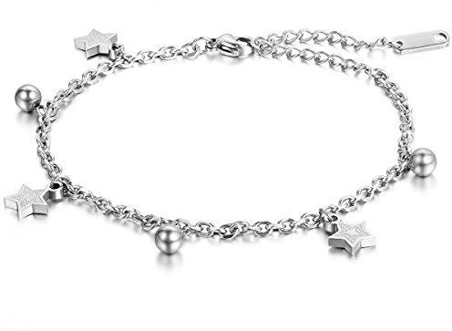JewelryWe Damen Armband Fußkette Pentagramm: Edelstahl Sterne Glöckchen Charm Armkette Fußkettchen Verstellbar Geschenk für Frauen Mädchen Silber