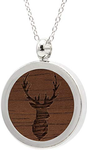 NaturSchatulle Kette mit Anhänger Holz Gravur Hirsch Halskette Holzanhänger Medaillon Silber 925 Damen Kettenanhänger Amulett Holzschmuck Charms 50cm
