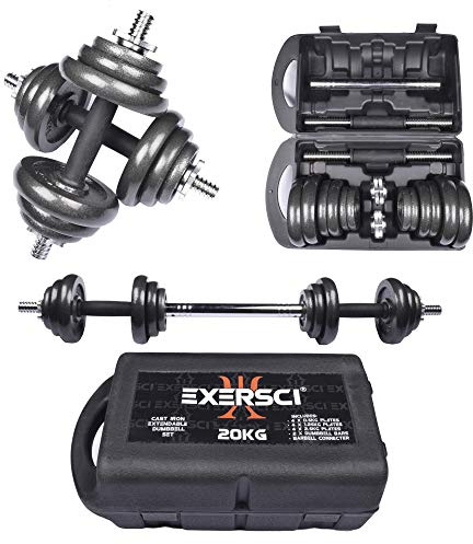 Exersci Cast Iron Adjustable Dumbbell/Barbell Box Set 20 KG - Bicep Curl, Tricep Extension, Bench Press, Upright Row- Fitness Workout Home Gym