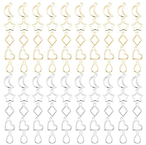 PH PandaHall 10 Styles Open Bezels Charms 100pcs Moon Star Pendant Resin Bezels Charm 304 Stainless Steel Heart Hollow Frame Charms for Christmas Jewellery Making Necklace Earrings Craft, 7-11x12-15mm