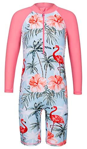 HUAANIUE Mädchen UPF 50+ UV Einteiler Bademode Kinder Bodysuit Beachwear mit Reißverschluss Surfen Rosa Schwimmen Kinder Badeanzug 4-11 Jahre, A007 Flamingopeach Langarm-Bademode, 11-12 Jahre