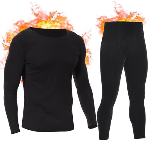 SIMIYA Mens Thermal Underwear Set, Thermal Base Layer Long Sleeves Long Johns Set, Fleece Lined Warm Tops Bottoms for Cold Winter Black