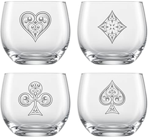 Miriquidi Poker Whiskygläser 4er Set | 4x 400ml Trinkgläser mit Herz Karo Pik Kreuz