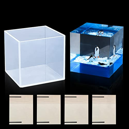 FineInno 4 Inches Square Resin Mold,Cube Epoxy Resin Molds,Large Resin Molds with Wooden Frame for Casting Flower Preservation