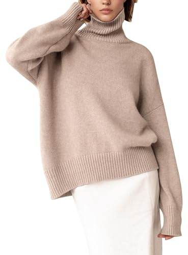 YKR Women's Turtleneck Sweater Chunky Long Sleeve Knitted Pullover High Low Hem Sweater 2024 Fall Winter Sweater Jumper Top Khaki M