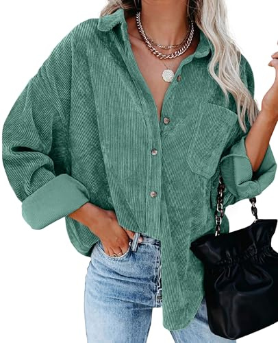 QIXING Womens Corduroy Oversized Shacket Button Down Boyfriend Shirts V Neck Cotton Long Sleeve Blouses with Pocket Casual Work Jacket for Women UK Ladies Tops Autumn Winter (Green, L)
