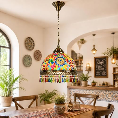 LEDSone Lampadario a sospensione in vetro a mosaico in stile turco, fatto a mano, lampadario decorativo multicolore in vetro colorato, lampadario fatto a mano (1 confezione - con lampadina)