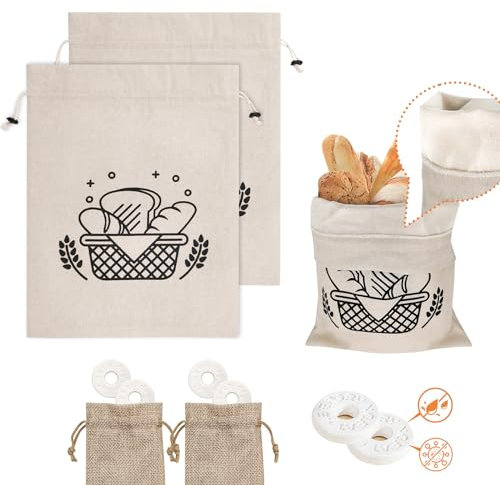 SNAIL GARDEN Lot de 2 sacs à pain intérieurs en TPU de 45 x 35 cm, sacs réutilisables en lin pour le stockage du levain, avec 2 sacs absorbeurs d'humidité, sac à pain pour garder le pain frais, sacs