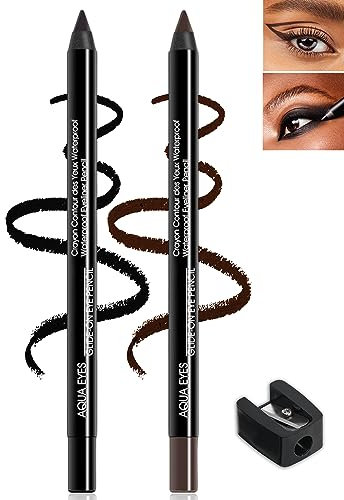 Schwarz Braun Gel-Eyeliner-2Pcs Waterproof Matt Kajalstift, Langanhaltendes Creme-Eyeliner Stift, Hochpigmentiert Eye Liner Pencil with Sharpener, Smooth Creme Lidstrichstift Augen Make-up für Frauen