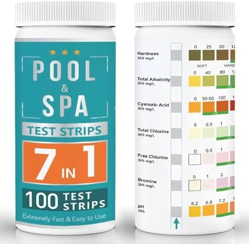 7 in 1 - Pool test strips - Pool and Spa - Hot tub test strips - 150 strips - Chlorine - PH - Total Alkalinity -Total Chlorine - Bromine - Cyanuric Acid - Total Hardness, Water Chemical Testing kit.