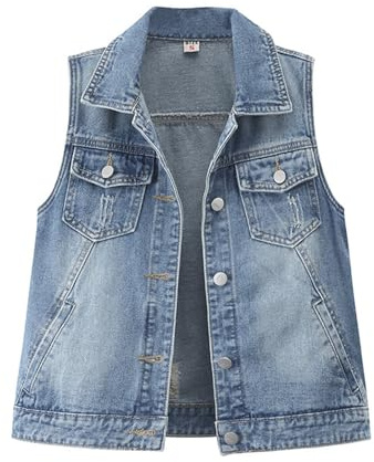 SDGR Veste en Jean Sans Manche Femme Déchiré Court Gilet mi Saison Printemps Manteaux Poches à Rabat Lavés Denim Blouson Boutonné Débardeur Chic et Elegant Décontracté Mode Outwear