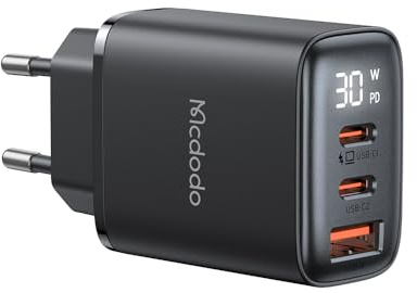 Mcdodo Cargador USB C de 30W GaN con pantalla digital, 3-Port Cargador rápido QC PD PPS, compatible con iPhone 8 X 11 12 13 14 Pro Max, iPad, Samsung Galaxy S23 S22 S21, Huawei Xiaomi
