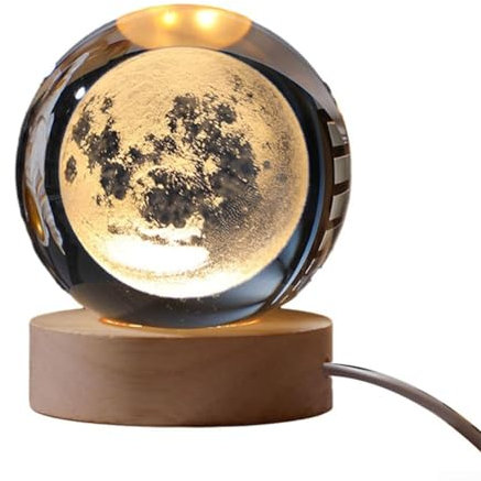Luce notturna a sfera in cristallo, 3D intagliata internamente per luce notturna a sfera in cristallo, per decorazioni da scrivania, decorazioni di Capodanno (la luna)