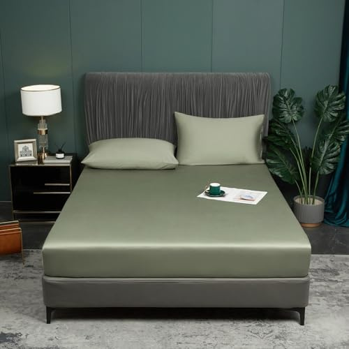 Luofanfei Sábana bajera ajustable de bambú Lyocell de 160 x 200 cm, color verde salvia, cama con somier, de rizo, cubrecolchón brillante, fibra de bambú, sábana bajera ajustable, para colchón alto de
