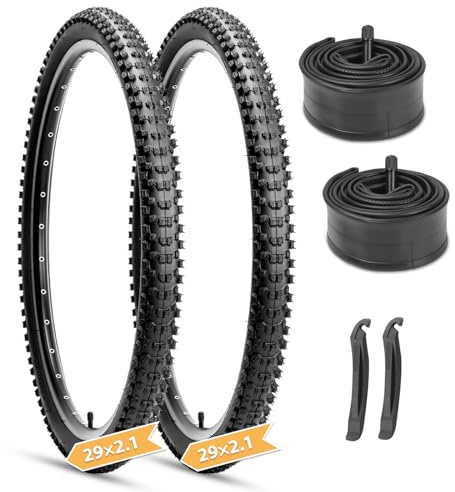 2-Pack Mountain Bike Tires Set: Hycline 29x2.1 Inch (53-622 mm) Folding Replacement Puncture Resistant High-Density Bicycle Tires with Pair Tubes & Tire Levers for MTB Off-Road Bike