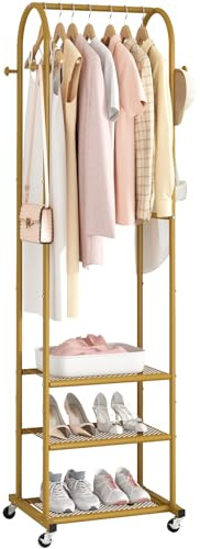 Kaitiemoo Heavy Duty Clothing Rack with Wheels,Modern Garment Rack with 3 Metal Shelves, 71.8Inches Display Rack for Hanging Clothes, Hanging Rod for Small Space,Gold