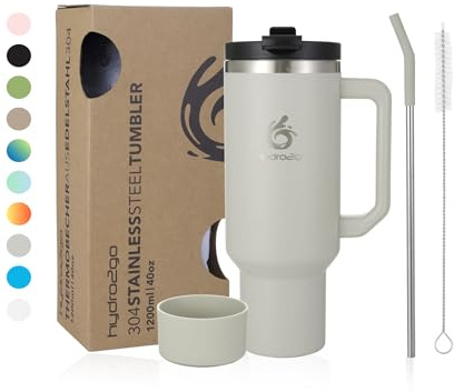 hydro2go® 1200ml/40oz Thermobecher, Kaffeebecher to Go, Isolierbecher mit Griff & Strohhalm, Reise- & Autobecher, Tumbler für Heiß- & Kaltgetränke (Moon, 1200 ml)