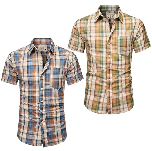 Blu Apparel Men's Checked Shirt Mens Shirts Short Sleeve and Long Sleeve Cotton Casual Shirt for Men (UK, Alpha, S, Regular, Regular, 2 Pack Blue & Green Short Sleeve)